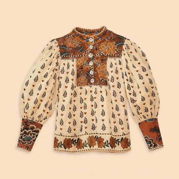 Farm Rio Beige Ainika Floral Long Sleeve Blouse - Picture 1 of 10